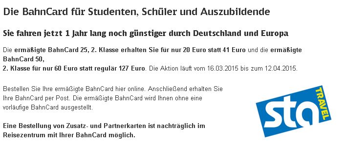 Studentenangebot! Bahncard 25 für 20€ / Bahncard 50 für 60